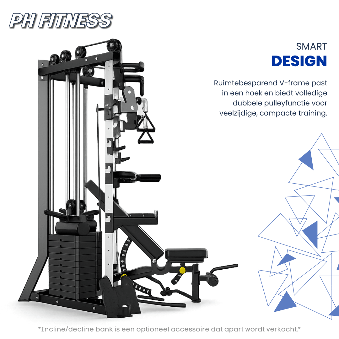 Vue latérale du Cable Crossover V-Frame PH Fitness peu encombrant avec banc en option