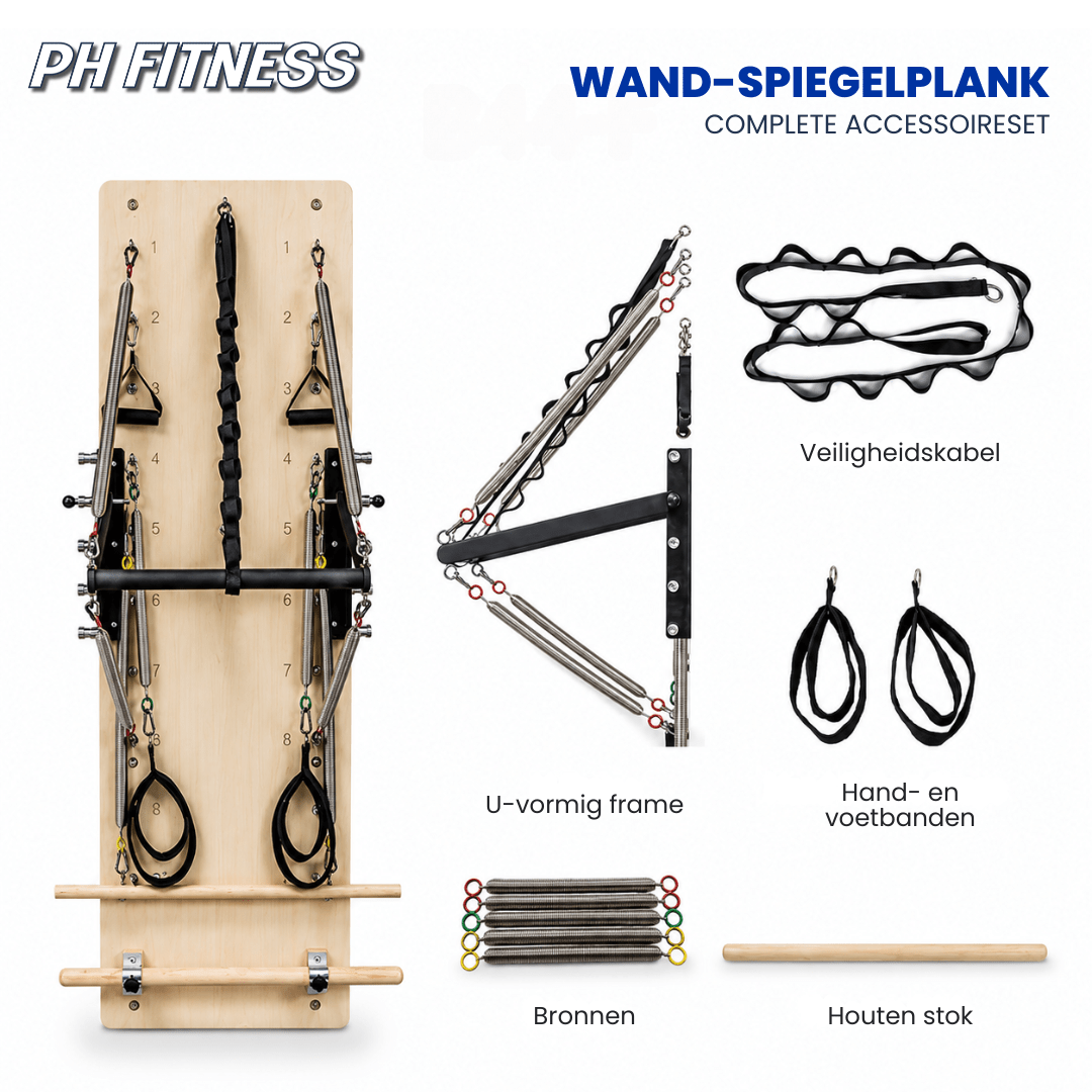 Ensemble complet d’accessoires de l’appareil mural Pilates avec ressorts, câble de sécurité, sangles et bâton en bois