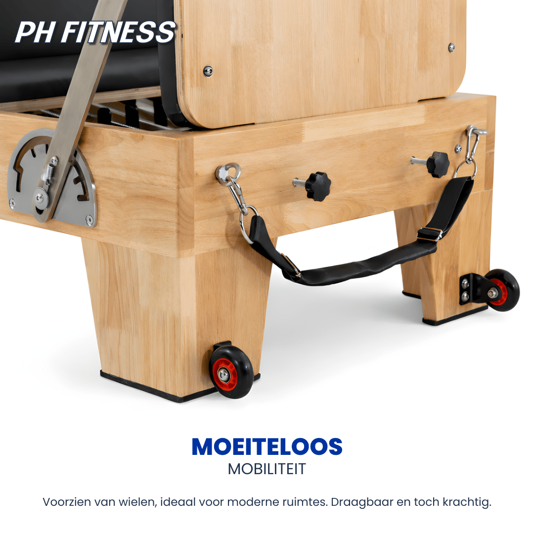 Roulettes de transport et barre de pieds réglable du Reformer en bois