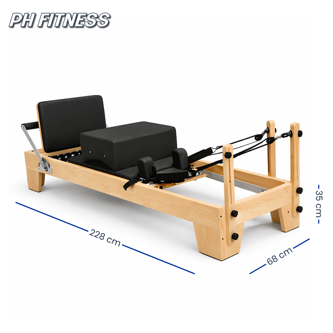 Dimensions du Reformer Pilates en bois : 228 × 68 × 35 cm